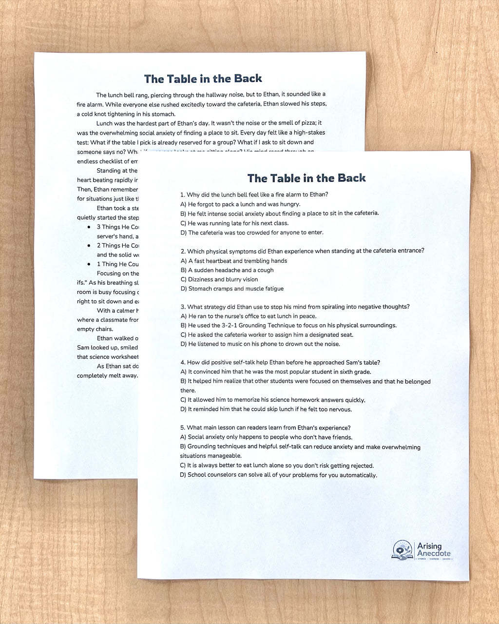 "The Table in the Back" Social & Emotional Learning | Short Story Worksheet | Middle School
