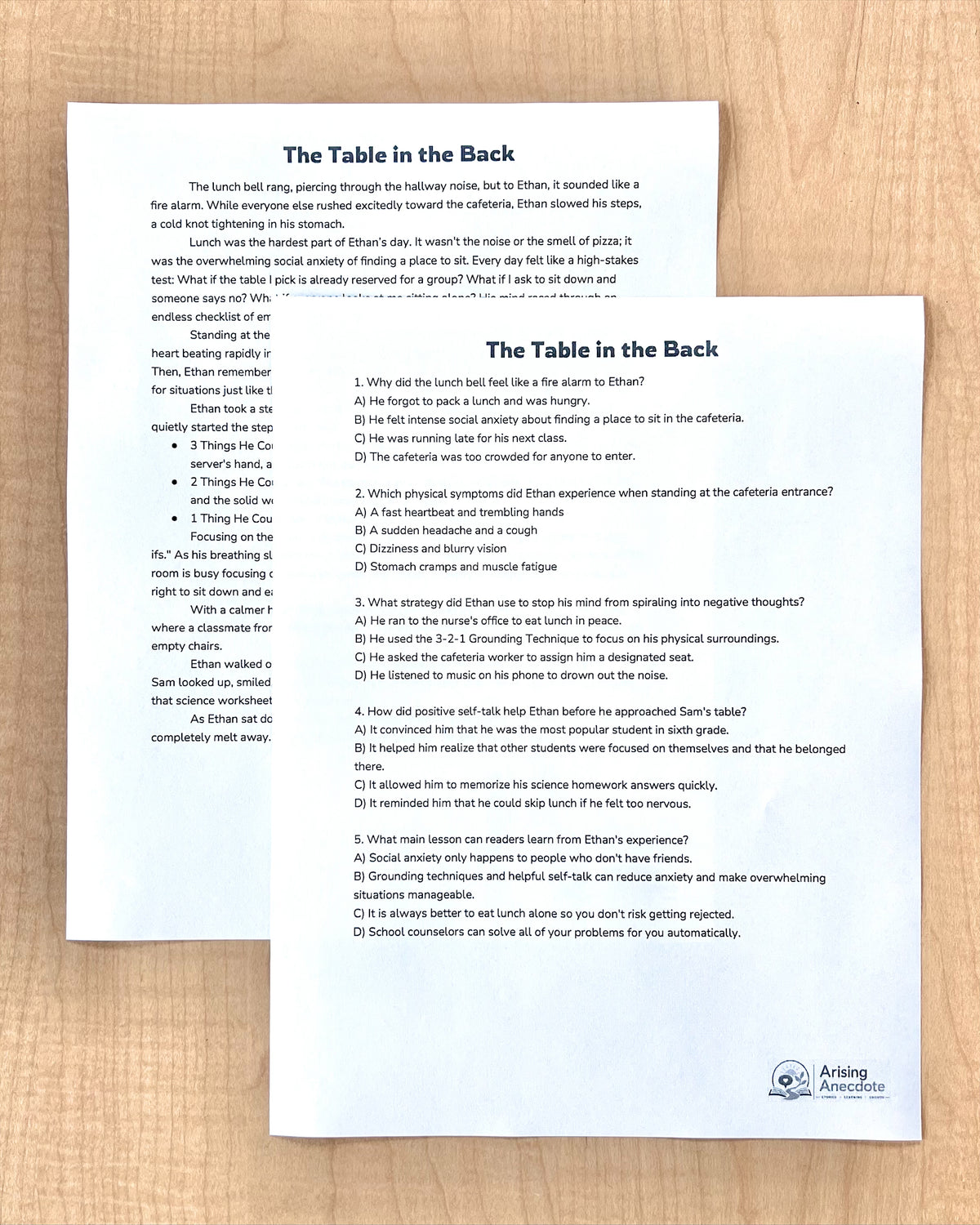 "The Table in the Back" Social & Emotional Learning | Short Story Worksheet | Middle School
