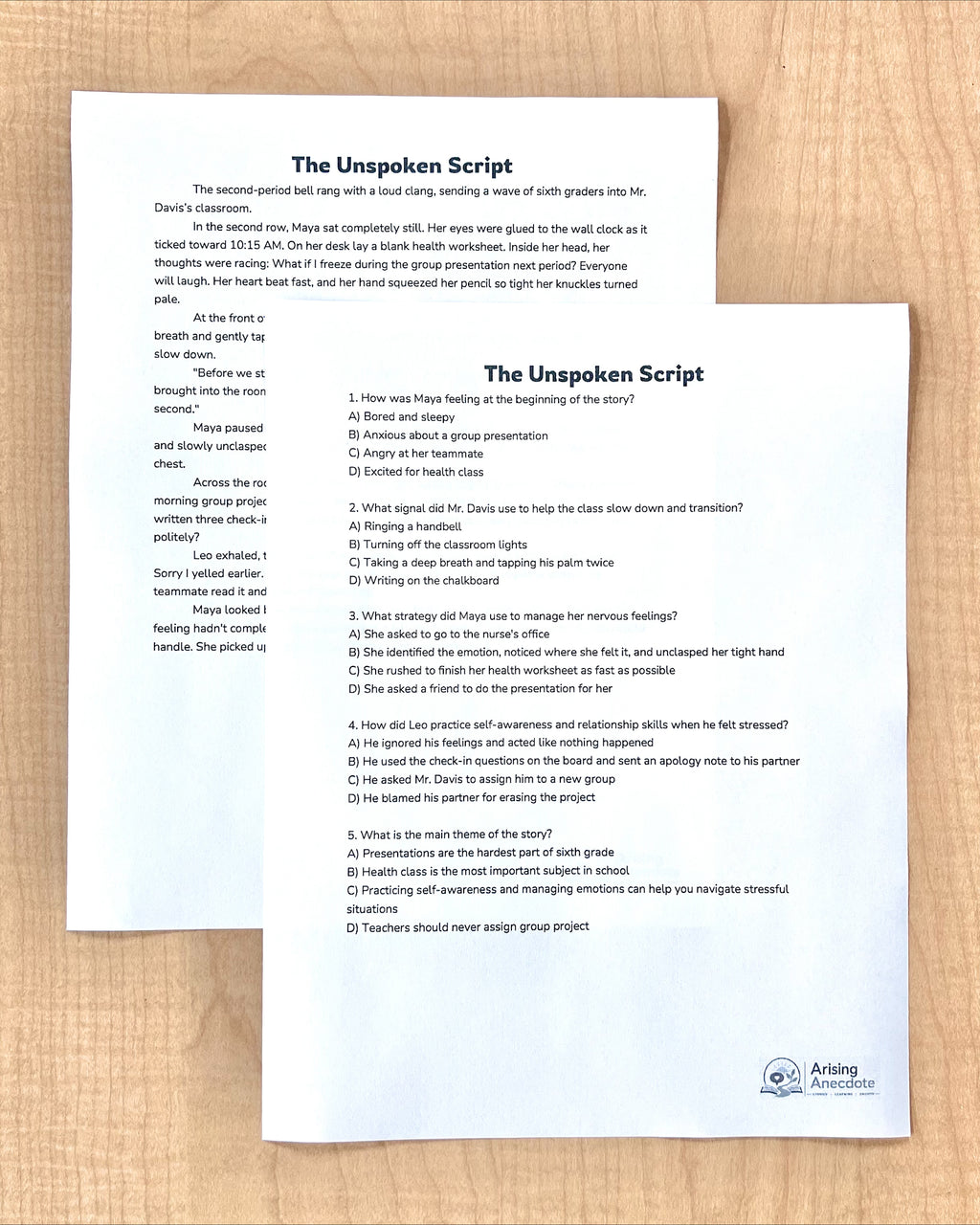 "The Unspoken Script" Social & Emotional Learning | Short Story Worksheet | Middle School
