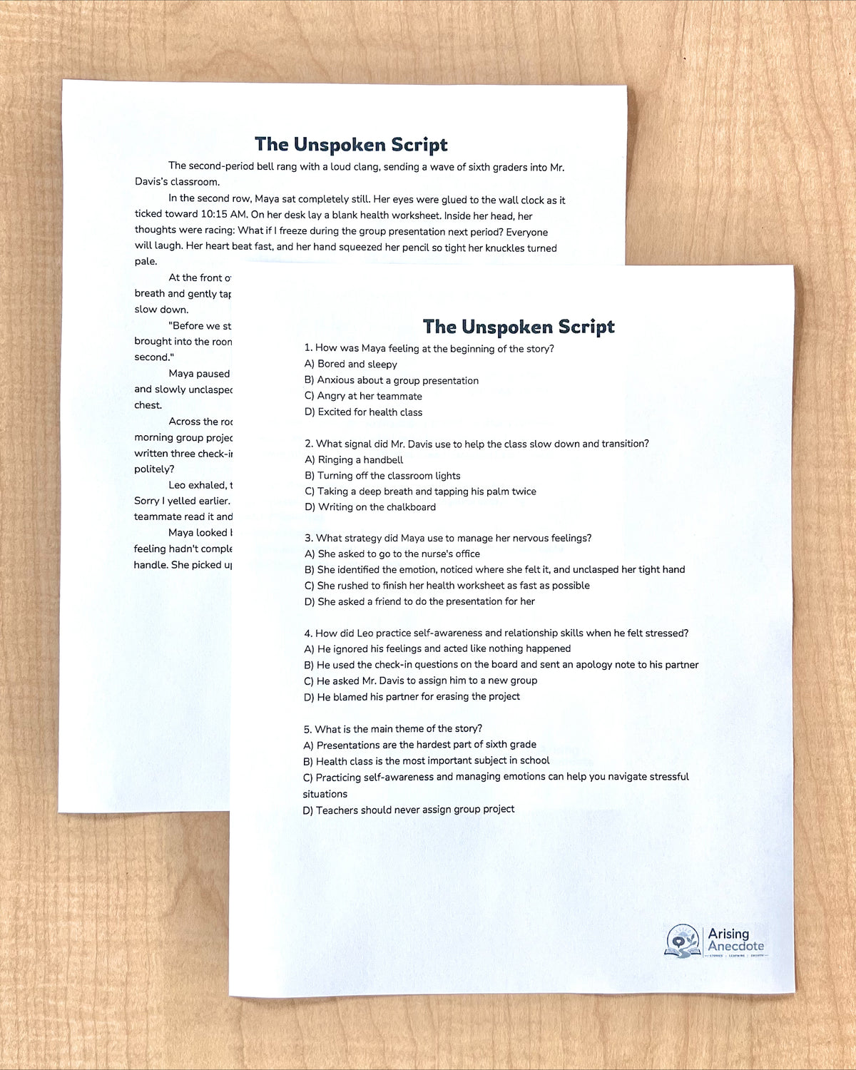 "The Unspoken Script" Social & Emotional Learning | Short Story Worksheet | Middle School