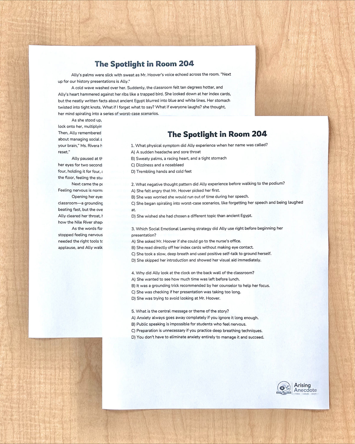 "The Spotlight in Room 204" Social & Emotional Learning | Short Story Worksheet | Middle School